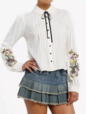 Thorn & Fable Frog & Mushroom Long-Sleeve Girls Woven Top - Junior Large NWT